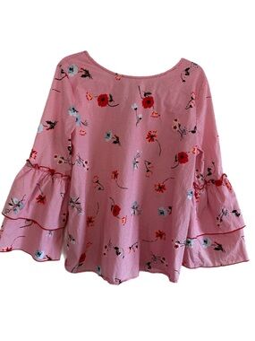 LOFT Pink Floral Ruffle Bell Sleeve Striped Blouse Size L